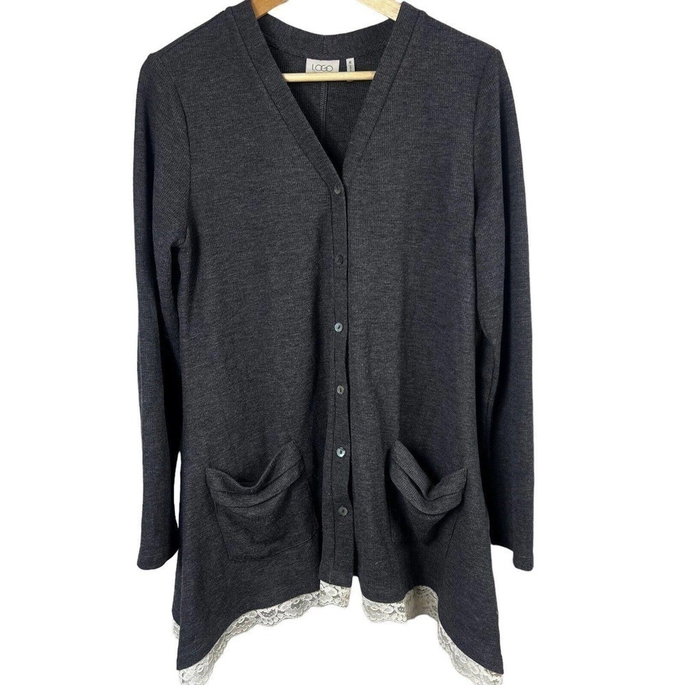 LOGO Lori Goldstein Gray Waffle Knit Tunic Top Size M Lace Trim A-Line